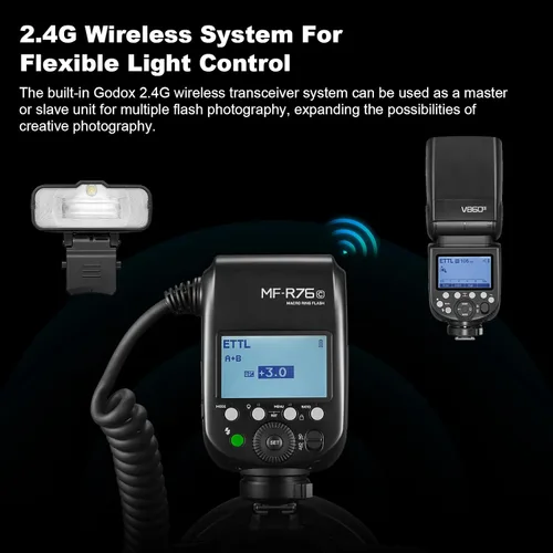 Vista 7 de GODOX Macro Ring Flash para Canon MF-R76C TTL/M Modo CCT 5900K 76Ws 2.4G Control inalámbrico 550 Flashes de potencia completa 0.1-1s Tiempo