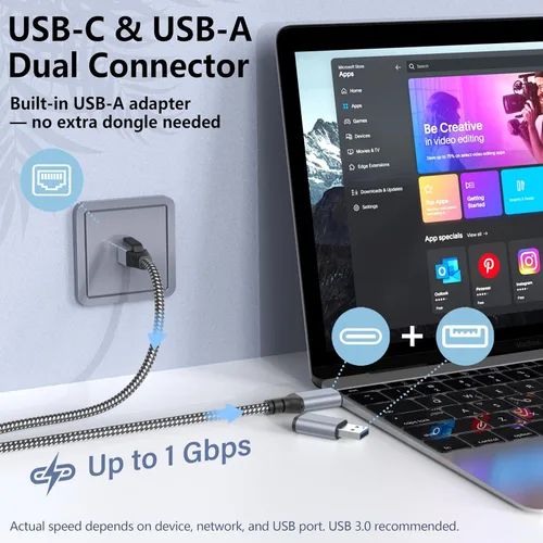 Vista 2 de Jadaol Cable USB-C/USB-A a Ethernet de 3 pies, adaptador USB-A integrado, LAN Gigabit RJ45 de hasta 1 Gbps, Plug & Play para la mayoría