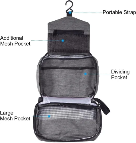 Vista 4 de PATIKIL Neceser de viaje, organizador de maquillaje portátil, bolsa de aseo impermeable con gancho para colgar para hombres y mujeres, Gris