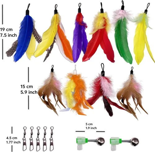 Vista 3 de 10 piezas de repuesto de plumas para gato, varita de repuesto para gatos con clip y campana extraíble, juguetes de plumas para gatos
