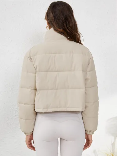 Vista 6 de Ogfao Chaqueta acolchada de manga larga para mujer, cuello alto, con cremallera, acolchada con cordón y bolsillos