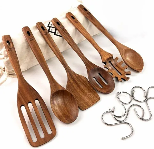 Vista 7 de Utensilios de madera para cocinar, cucharas saludables de teca premium, cucharas de madera para cocinar, cuchara de cocina de teca duradera