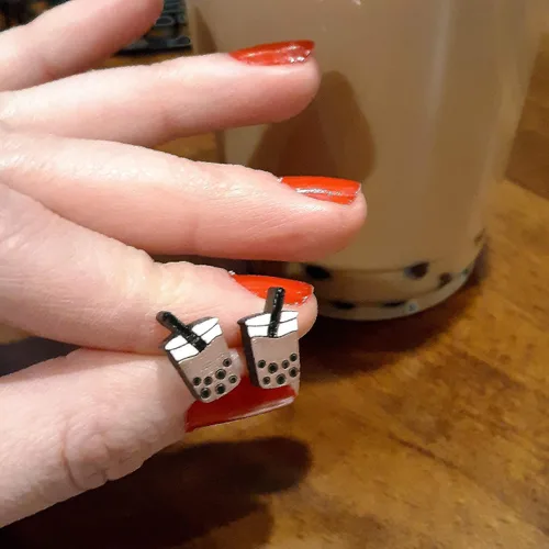Vista 7 de Pick Color - Lindos pendientes de botón de taza de bebida de té de burbujas de Boba