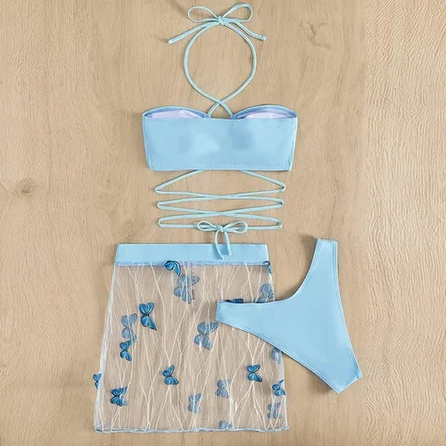 Vista 4 de Fronage Traje de baño de playa para mujer, conjunto de bikini floral con diseño de mariposas, regalos