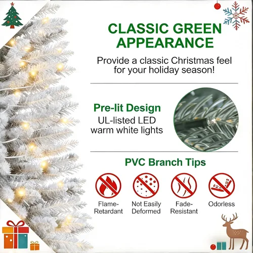 Vista 4 de Árbol de Navidad artificial de 5 pies con lápiz, para el hogar, oficina, decoración de vacaciones, árbol flocado blanco para espacios pequeños