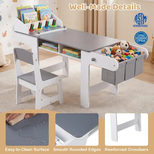 Vista 5 de Costzon Mesa y silla de arte para niños, mesa de madera para manualidades con rollo de papel y contenedores de tela para dibujar, leer, estudiar