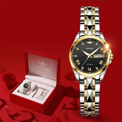 Vista 2 de OLEVS Reloj de pulsera mecánico de cuerda automática para mujer, de marca suiza, vestido de cristal de zafiro, impermeable, para mujer