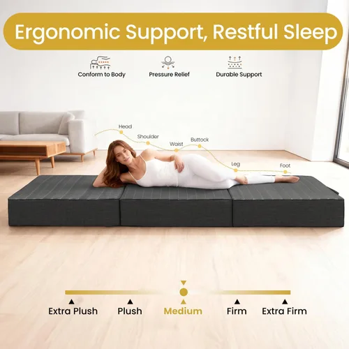 Vista 4 de Colchón triple plegable tamaño matrimonial – Colchón plegable de espuma viscoelástica de doble capa de 6 pulgadas, sofá cama portátil con funda