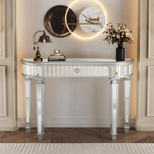 Vista 29 de SSLine Mesa de consola negra con espejo para sala de estar, mesa de entrada moderna de espejo de 43 pulgadas con base de cristal en forma de O