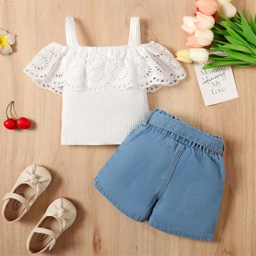 Vista 2 de PATPAT Bebé Niña 100% Algodón Denim Shorts Corazón Impreso Blanco Manga Corta Top Con Diadema Conjunto 3 Meses-3 Años