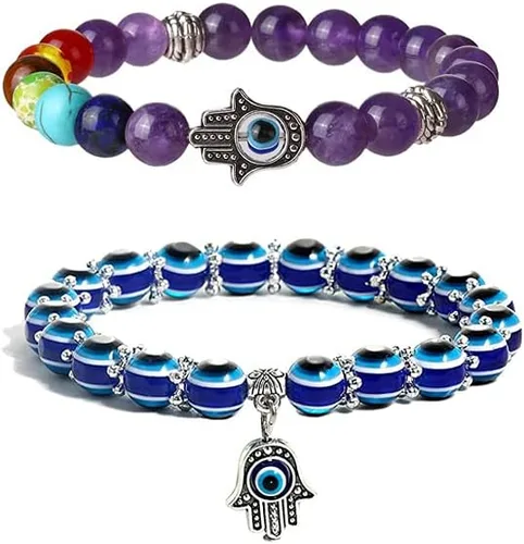 Vista 16 de 2 Pulseras elásticas con cuentas azules de ojo malvado, 7 chakras, piedra de lava, mano de Hamsa