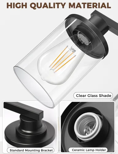 Vista 4 de L LOHAS LED Lámparas de baño negras de 2 luces, accesorios de iluminación modernos sobre espejo con pantalla de vidrio transparente, luces