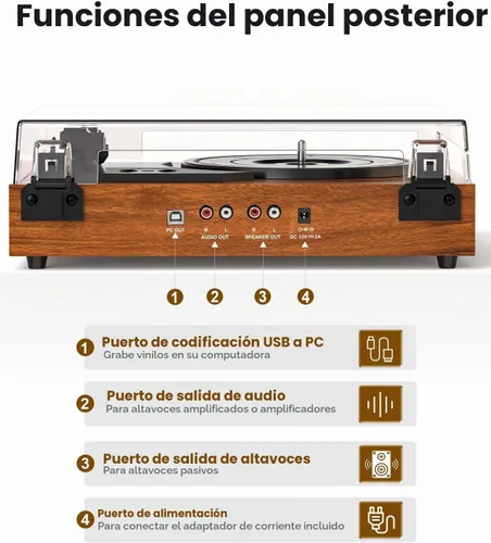 Vista 4 de Reproductor de discos Bluetooth retro con altavoces externos, tocadiscos de 3 velocidades con transmisión por correa, grabación USB a PC, salida AUX