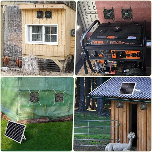 Vista 3 de Ventilador solar con batería, ventilador solar recargable para gallinero, invernadero, cobertizo, exterior con dos ventiladores de entrada de escape