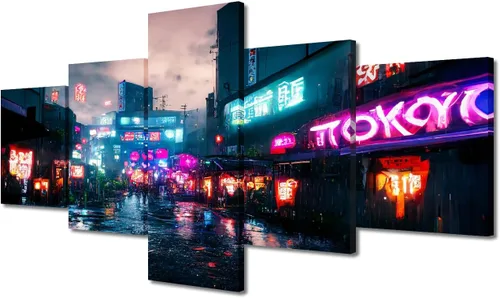 Vista 165 de Cuadros de 5 paneles de Cyberpunk City, arte de pared, representación de vallas publicitarias, edificios modernos en la capital con obras de arte