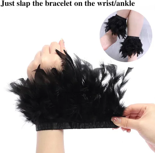 Vista 5 de 2 pares de puños de plumas, pulsera de plumas, anillo a presión de plumas, puños de pulsera de palmada, decoración de muñeca para mujer