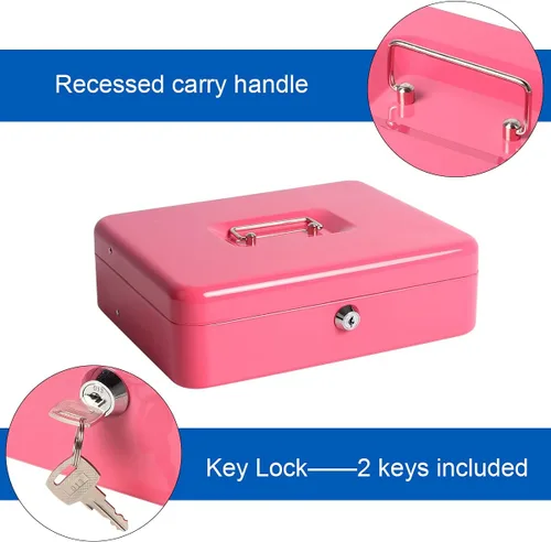 Vista 3 de Caja de dinero grande con bandeja de dinero y cerradura, caja de dinero de metal para efectivo, caja de seguridad de 11.8 x 9.5 x 3.54 pulgadas, rosa