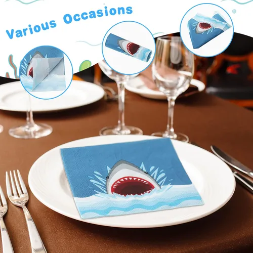 Vista 4 de Gersoniel 40 servilletas de papel de tiburón desechables Ocean Shark Party