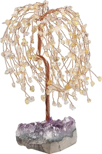 Vista 8 de SUNYIK Juego de árbol de dinero de cristal curativo de cuarzo rosa y aguamarina sobre base de racimo de amatista, adorno de Feng Shui, decoración