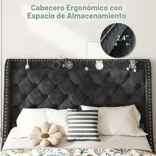 Vista 3 de SUNLEI Base de cama tamaño Queen con botón capitoné y tela de terciopelo, marco de cama con cabecera de almacenamiento con respaldo de ala, listones