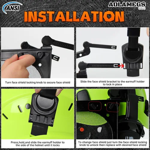 Vista 8 de Casco de motosierra con protector facial y orejeras, casco de arborista ventilado con protección auditiva y máscara de malla completa, casco Kit