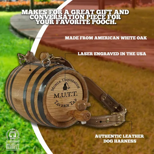Vista 6 de St Bernard - Collar de barril de whisky para perro, 'M.U.T.T.' - Dispensador de barril de roble de 1/2 litro para perros San Bernardo con correa