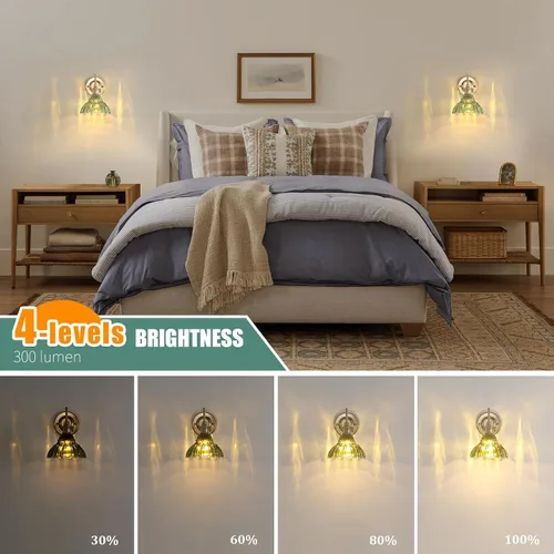 Vista 3 de Shenmoyl - Aplique de pared que funciona con pilas, lámparas de pared vintage recargables con pantalla de vidrio de lirio verde, lámpara de pared