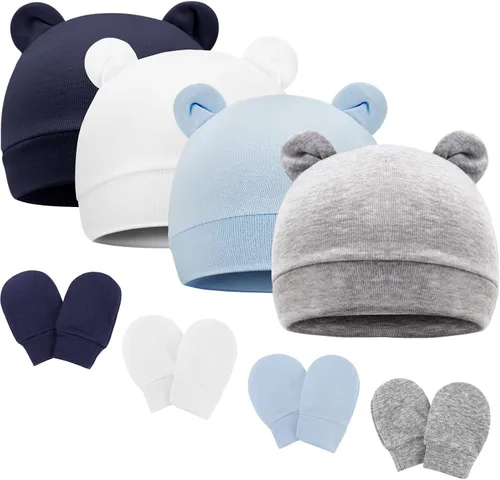 Vista 22 de Conjunto de gorro y mitones para recién nacidos con orejas de oso, gorro para bebé, gorro de hospital para bebé niño o niña, de 0 a 3 meses 4