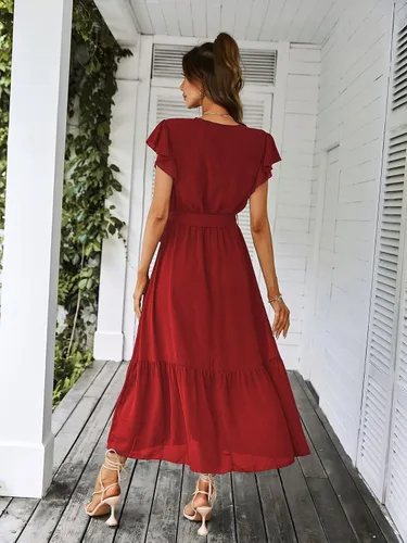Vista 5 de PRETTYGARDEN - Vestido floral para mujer estilo bohemio, cruzado, con cuello en V, manga corta, con cinturón, dobladillo con volantes, acampanado