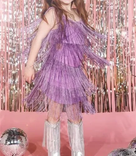 Vista 2 de WALLARENEAR Vestido de lentejuelas para niños, vestido sin mangas con borlas brillantes, vestido de baile latino para fiesta, vestido de baile