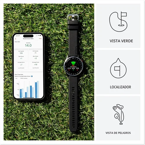 Vista 3 de Garmin Approach® S44, reloj inteligente GPS esencial para golf, pantalla AMOLED, funciones en el campo, bisel de aluminio plateado con banda