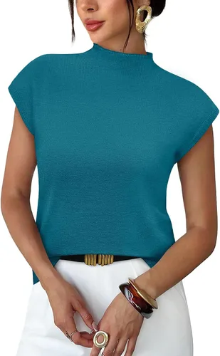 Vista 28 de Sampeel Suéter de manga corta para mujer, cuello alto, para verano, elegante, informal, básico, de punto