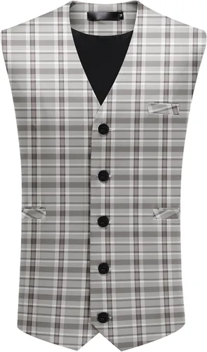 Vista 9 de YFFUSHI Chalecos de traje para hombre, a cuadros, ajustados, para vacaciones, bailes, bodas Negro