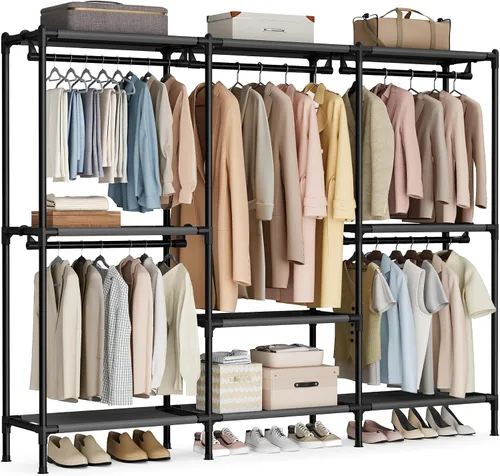 Vista 11 de SONGMICS Perchero de ropa resistente, armario portátil independiente de 65 pulgadas con rieles y estantes colgantes, carga total de 242 libras