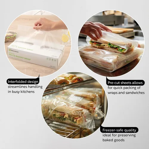 Vista 3 de Restaurantware Paquete de 1000 envolturas de plástico para alimentos, 10.75 x 8 pulgadas, precortadas, transparentes, desechables, para microondas