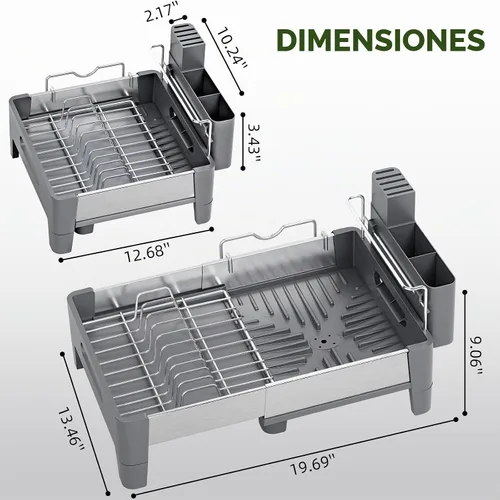 Vista 2 de Urackify Escurridor de platos expandible, escurridor de platos de acero inoxidable con marco de aluminio, escurridor de platos para encimera