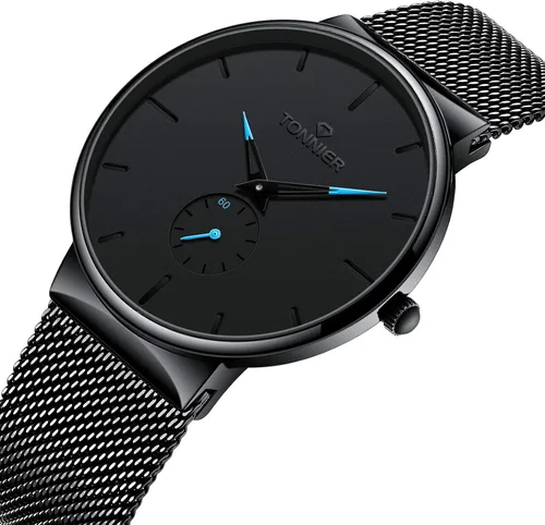 Vista 2 de Tonnier - Reloj de acero inoxidable estilizado para hombre, manecillas de reloj cóncavas, esfera de segundero independiente