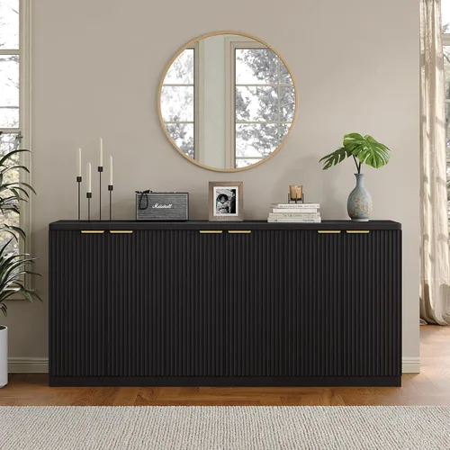 Vista 11 de Yanosaku Aparador Buffet Acanalado de 66" de Ancho, Gabinete de Almacenamiento con 3 Cajones y 2 Gabinetes, Mesa de Bar de Café de Mediados de Siglo