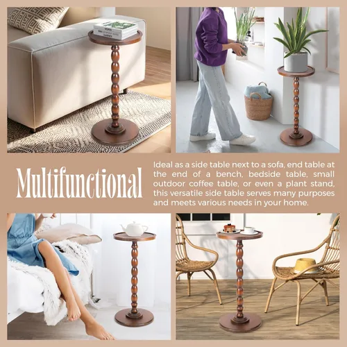 Vista 6 de Mesa auxiliar redonda con pedestal de madera maciza con borde superior de bandeja – Mesa auxiliar giratoria de bobina para sala de estar
