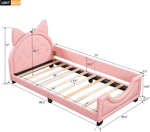 Vista 2 de FridayParts Sofá cama tapizado de tamaño individual con cabecero en forma de orejas de cartón, rosa