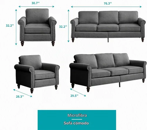Vista 2 de BALUS Juego de sofás y sofá biplaza para sala de estar, sofás para sala de estar con patas de sofá de madera, juegos de sofá y sofá biplaza con Gris