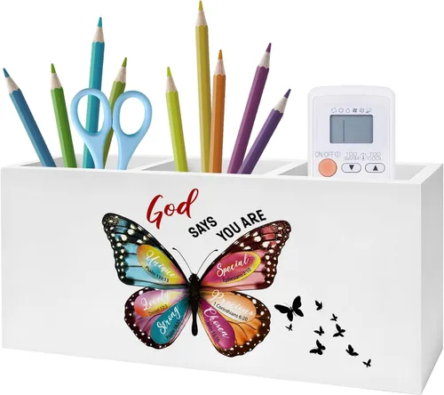 Vista 24 de Soporte Inspirador Floral para Bolígrafos y Lápices con Versículos Bíblicos, Decoración Cristiana para Oficina en Casa, Organizador de Bolígrafos