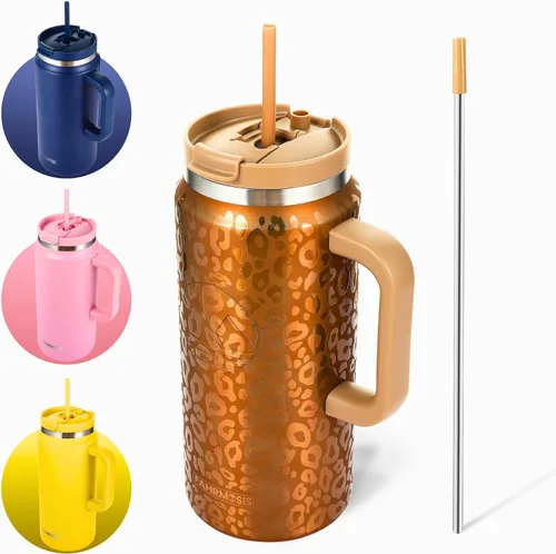 Vista 27 de FAHRMOSIS Vaso de 40 onzas con asa y pajita, taza aislada que cabe en el portavasos para bebidas frías y calientes, vaso a prueba de fugas