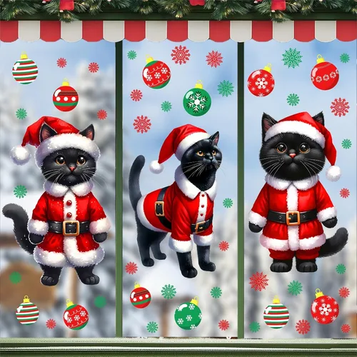 Vista 10 de Adhesivos de ventana de Navidad para ventana de Navidad, gato negro y menta, calcomanías de pared para decoración de ventanas de tienda de vidrio