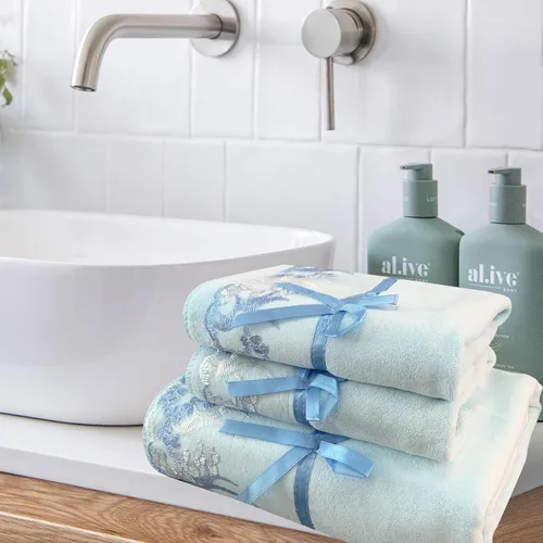 Vista 2 de Juego de Toallas de Baño USTIDE de Encaje Azul, Juego de Toallas de Mano de Terciopelo y Suave para Baño y Ducha