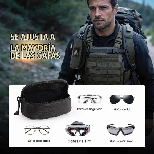 Vista 2 de OneTigris Estuche táctico para anteojos con cremallera Molle, funda para gafas de sol de 1000D de nailon con clip Negro