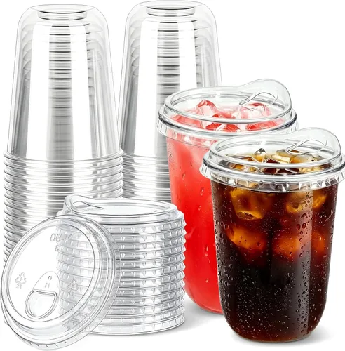 Vista 9 de Paquete de 50 vasos de plástico transparente de 12 onzas con tapas para sorber, tazas de café helado desechables gruesas para llevar bebidas frías