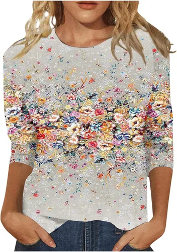 Vista 55 de Camisetas personalizadas para mujer, a la moda, casual, de séptima manga, estampada, cuello redondo, camiseta