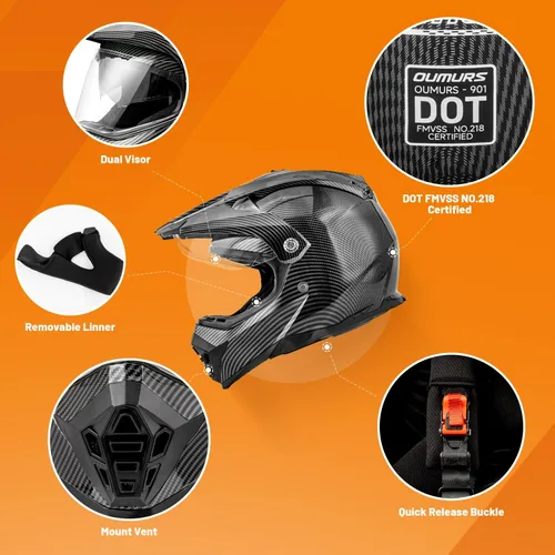 Vista 7 de OUMURS Casco deportivo dual de motocicleta todoterreno con cobertura facial completa, doble visera, para moto de cross, cuatrimoto y motocross