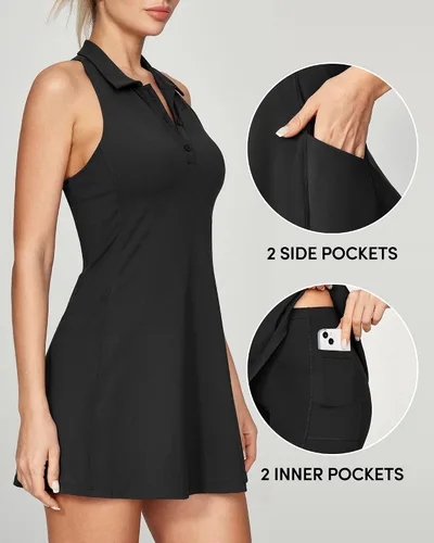 Vista 2 de IUGA Vestido de tenis para mujer, vestidos de entrenamiento de golf con pantalones cortos debajo de brasier integrado, vestido atlético con bolsillos